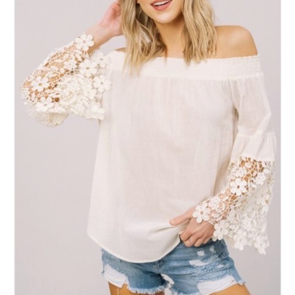 Off The Shoulder Lace Sleeves Long Sleeve Top - Picture 1 of 6